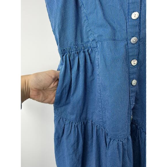Madewell Tiered Button Front Midi Dress Blue Stripe Cotton 4P Petite Cottage - Picture 8 of 14